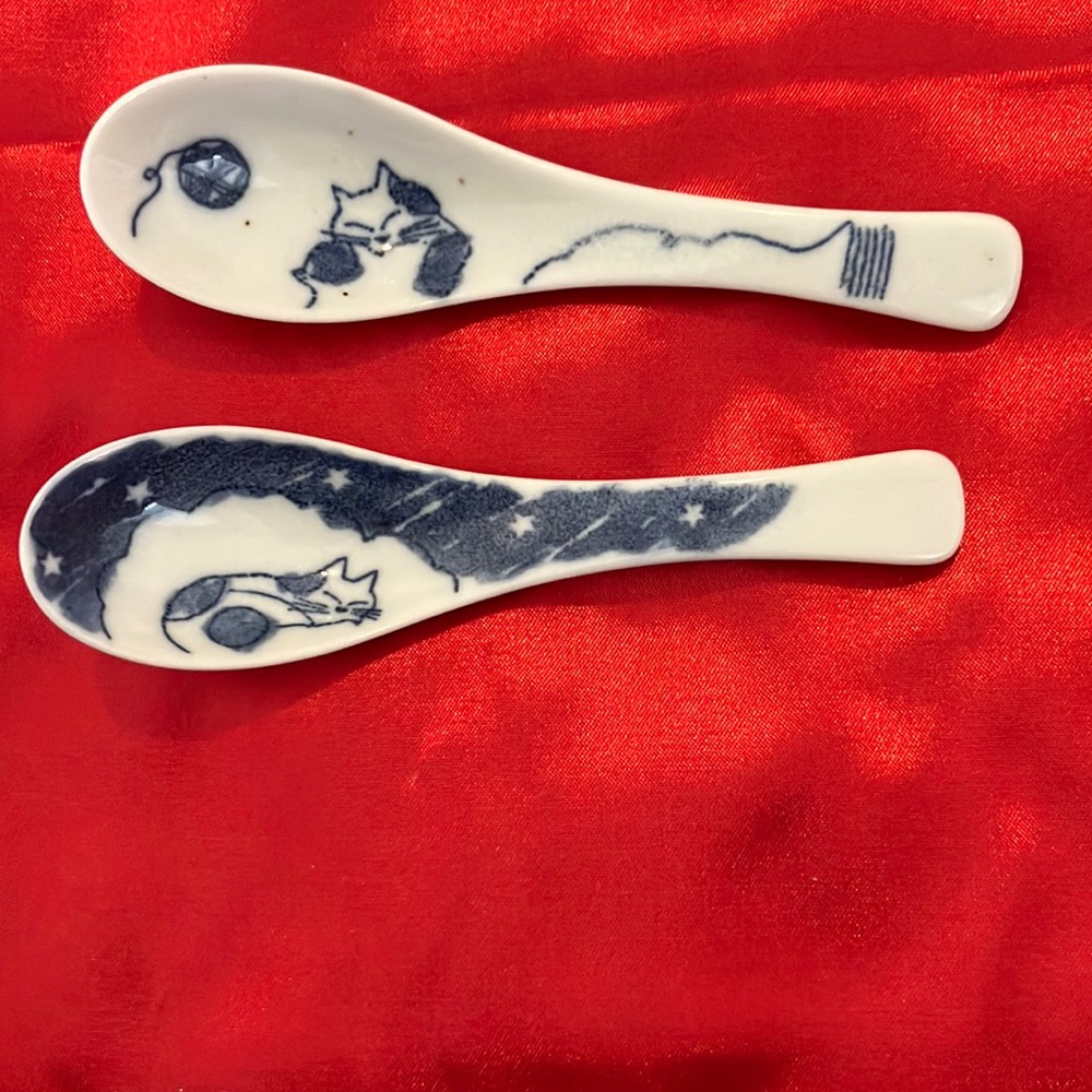 Vintage Ceramic soup spoon with cat on each one set of 2